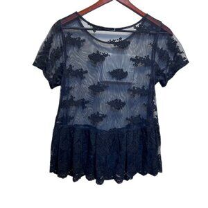 KIMCHI Blu Black Lace Sheer Peplum Top Size Medium